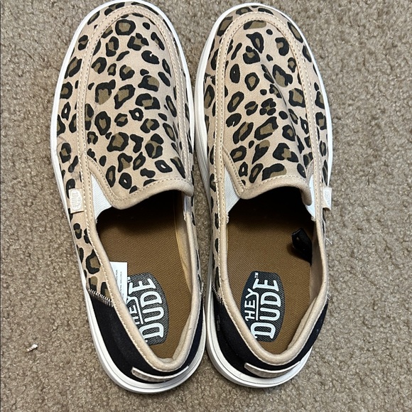 Hey Dude Tan and Black Leopard Slip-Ons - Picture 1 of 2